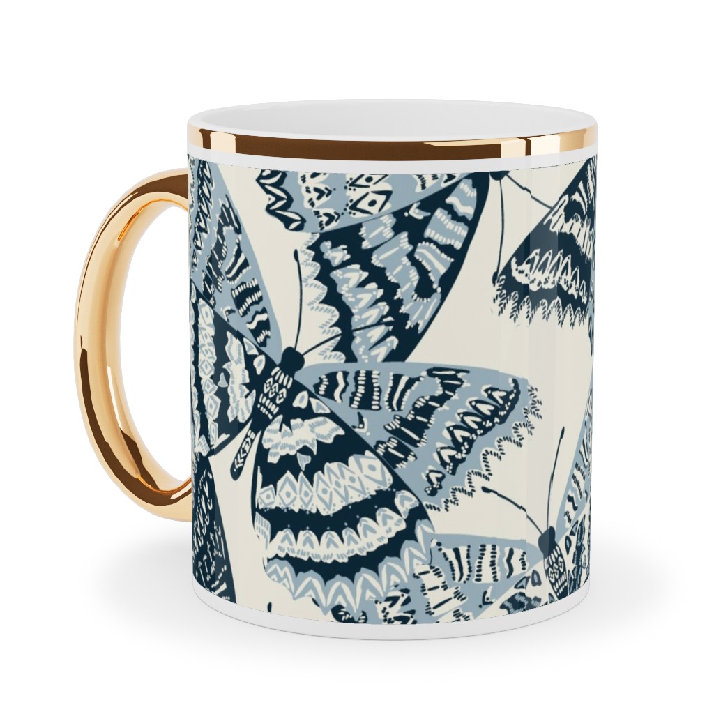 Butterfly - Hand Drawn - Blue Ceramic Mug, Gold Handle, , 11oz, Blue, True Blue