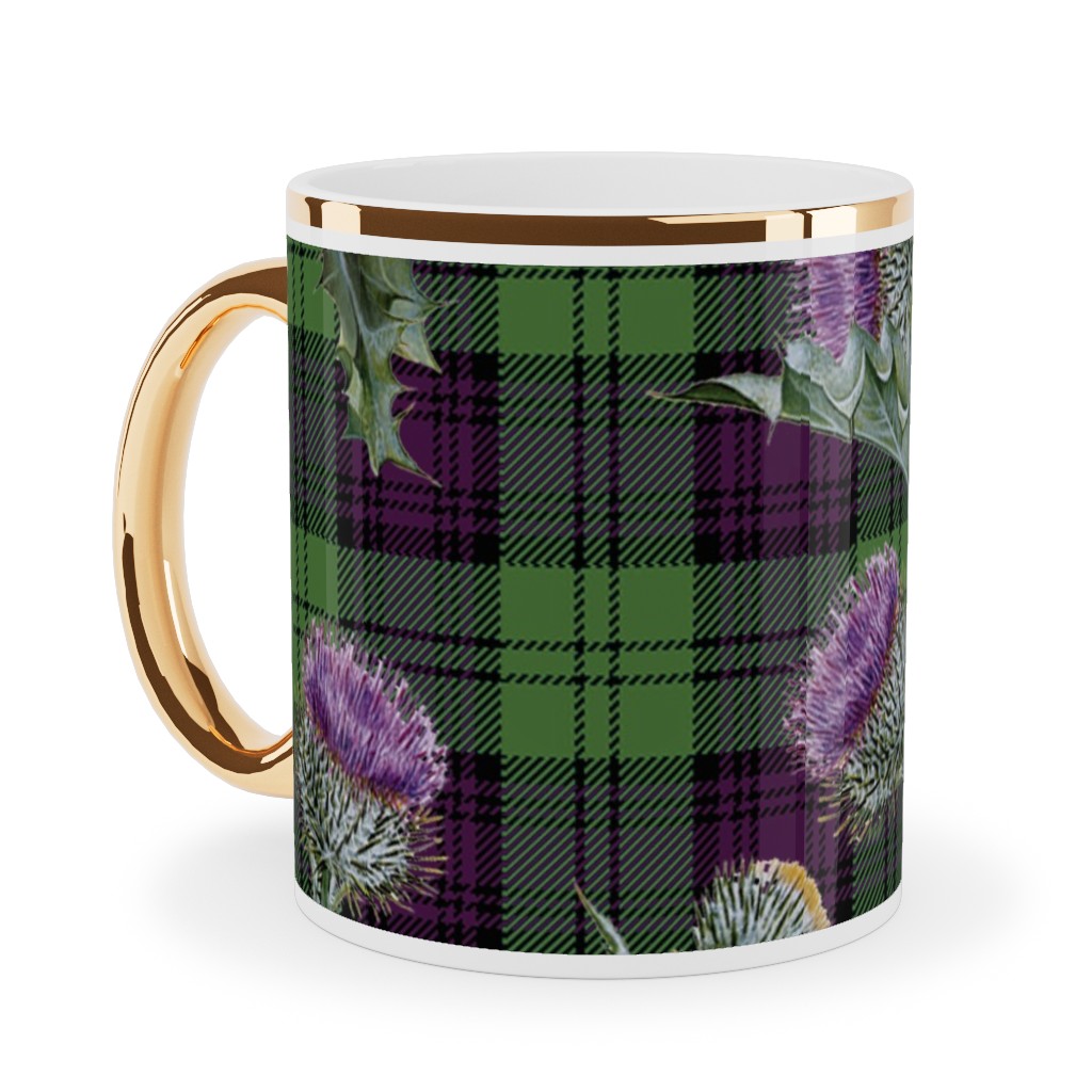 Feochadan Tartan - Green and Purple Ceramic Mug, Gold Handle, , 11oz, Green, Classic Green