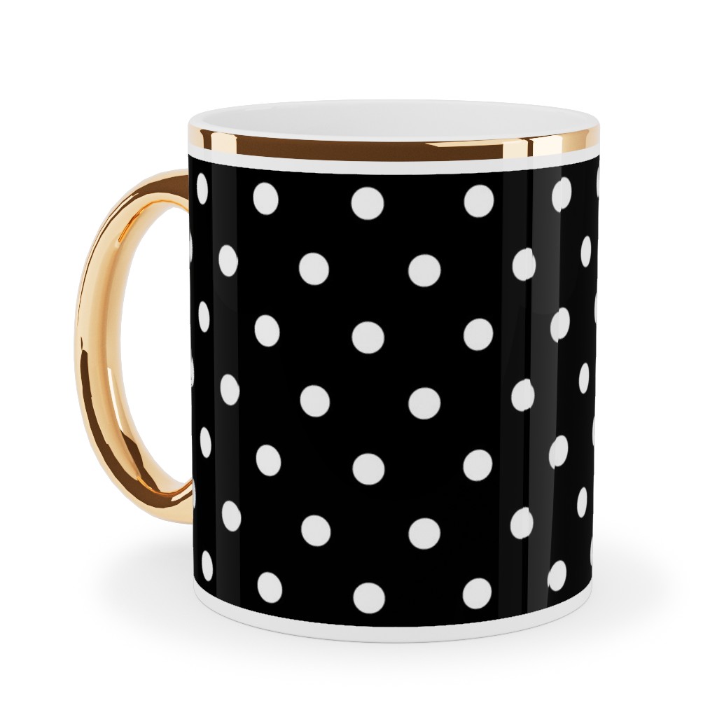 Dotty - White on Black Ceramic Mug, Gold Handle, , 11oz, Black, Black