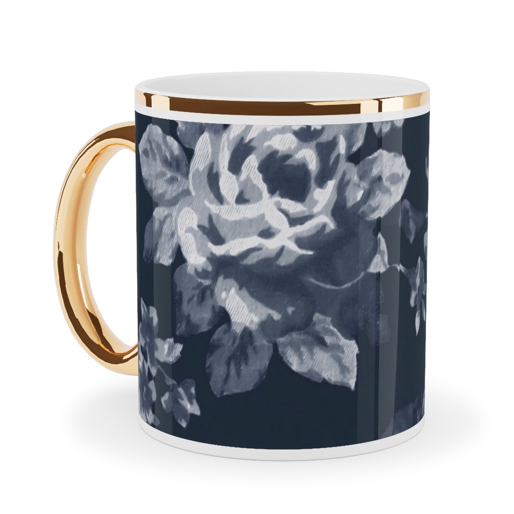 Navy Floral Ceramic Mug, Gold Handle, , 11oz, Blue, True Blue