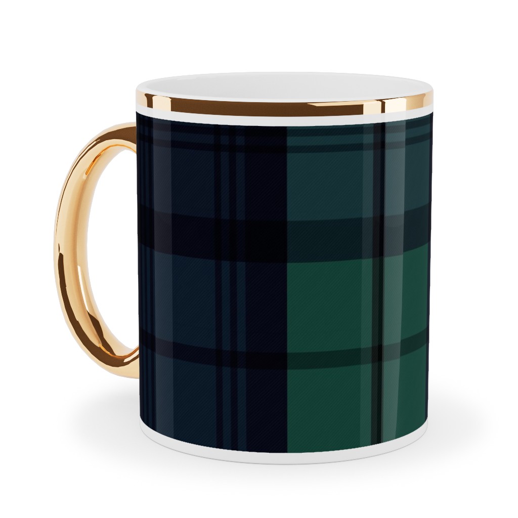 Dark Green Plaid Ceramic Mug, Gold Handle, , 11oz, Green, Classic Green