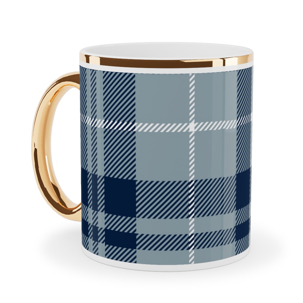 Fall Plaid Ceramic Mug, Gold Handle,  , 11oz, Blue