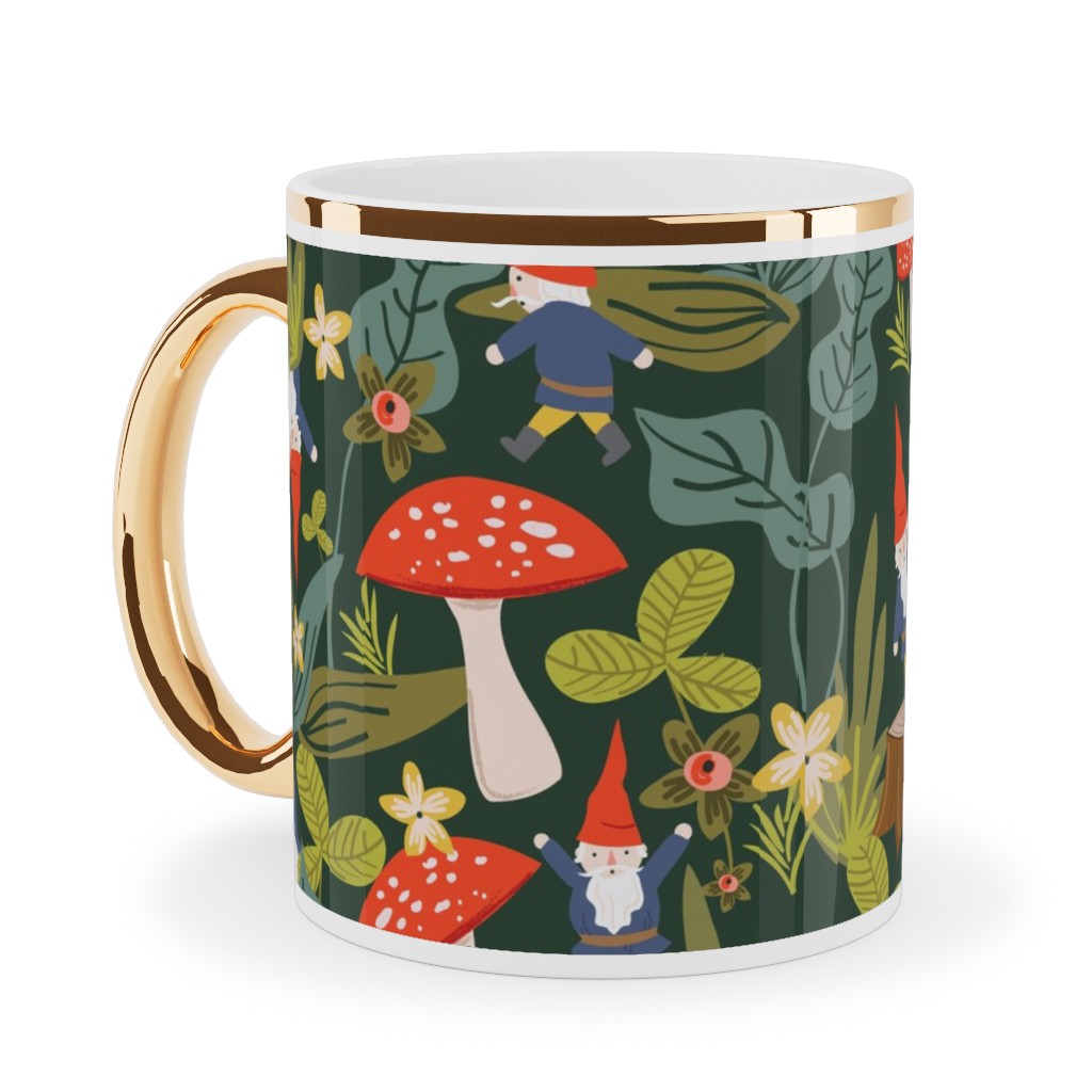 Woodland Gnomes - Green Ceramic Mug, Gold Handle,  , 11oz, Green