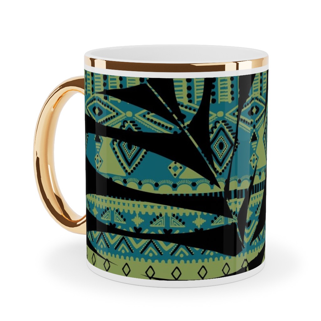 Patterned Palm - Dark Ceramic Mug, Gold Handle,  , 11oz, Black