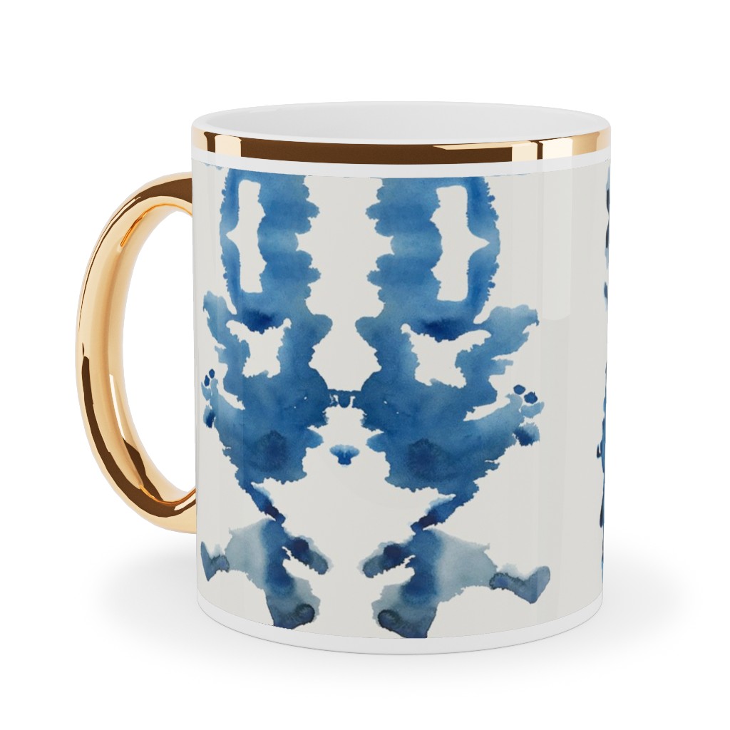 Small Rorschach Stripe - Indigo Blues Ceramic Mug, Gold Handle, , 11oz, Blue, True Blue