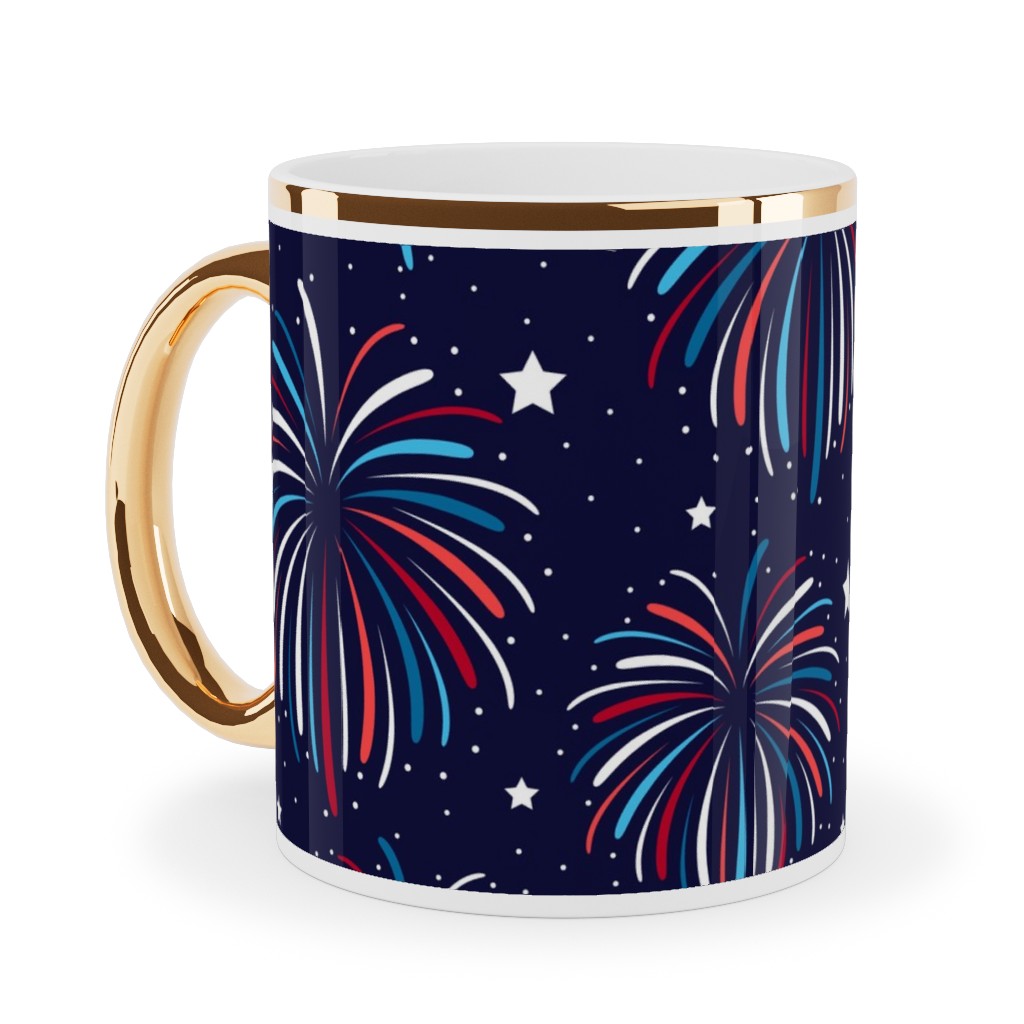 Star Spangled Night Ceramic Mug, Gold Handle,  , 11oz, Blue