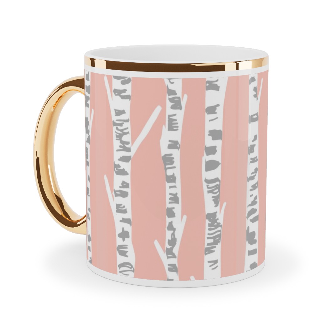 Birch Tree - Pink Ceramic Mug, Gold Handle,  , 11oz, Pink