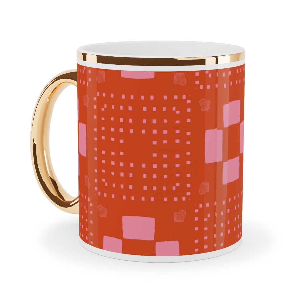 Phlox Garden - Red and Pink Ceramic Mug, Gold Handle,  , 11oz, Red