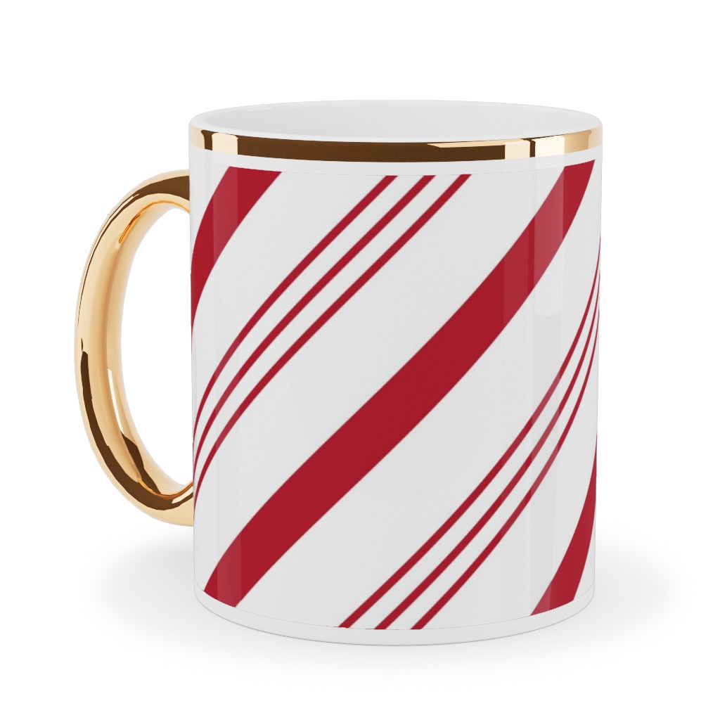Candy Cane Stripes - Red on White Ceramic Mug, Gold Handle, , 11oz, Red, Red