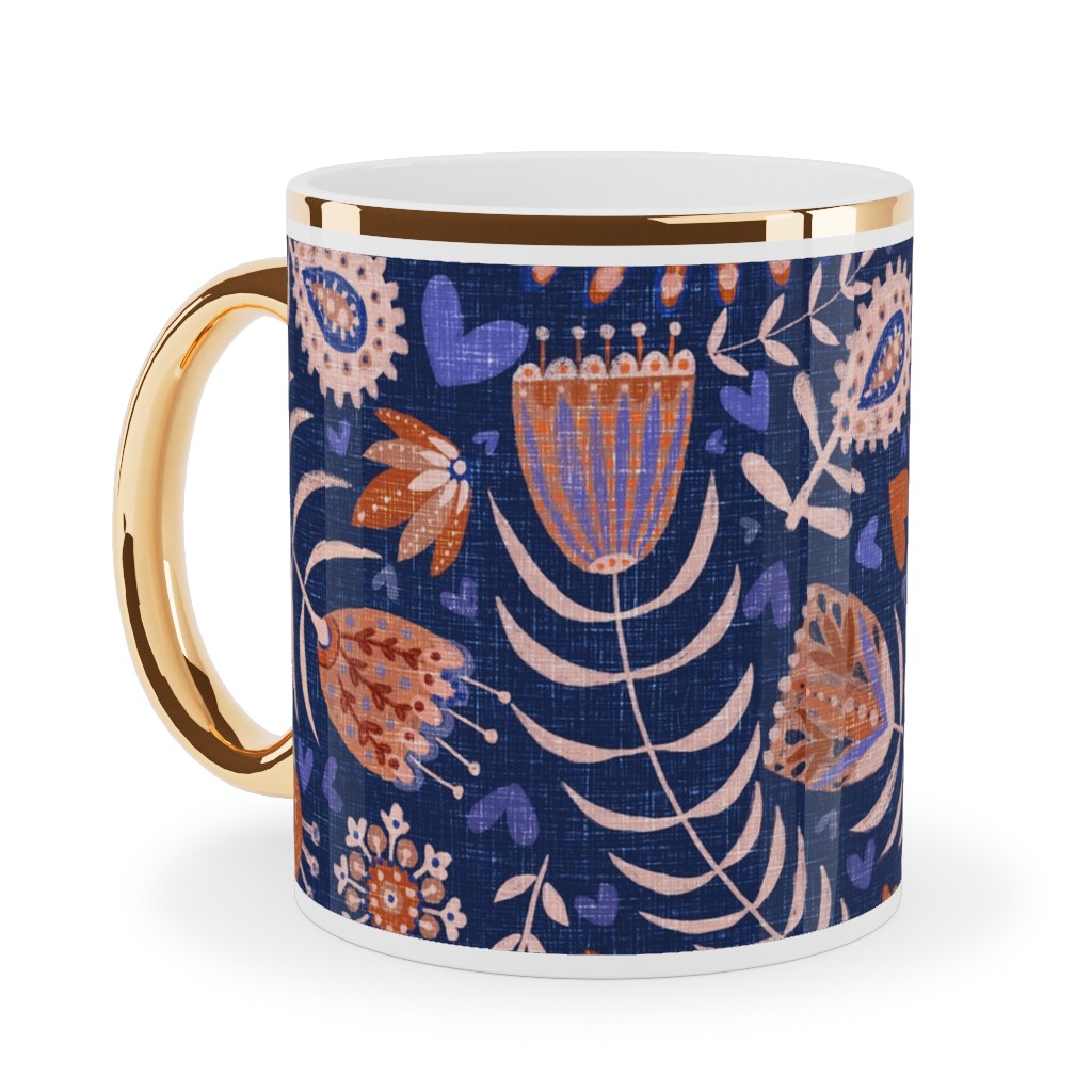 Swedish Folk Art Birds - Blue Ceramic Mug, Gold Handle, , 11oz, Blue, True Blue