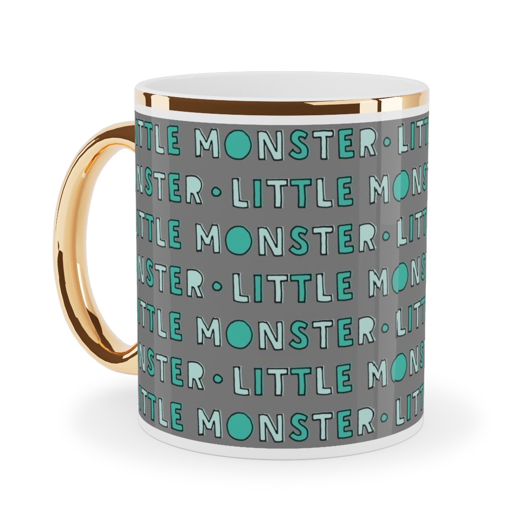 (Small Scale) Little Monster || Green on Grey Ceramic Mug, Gold Handle, , 11oz, Green, Classic Green