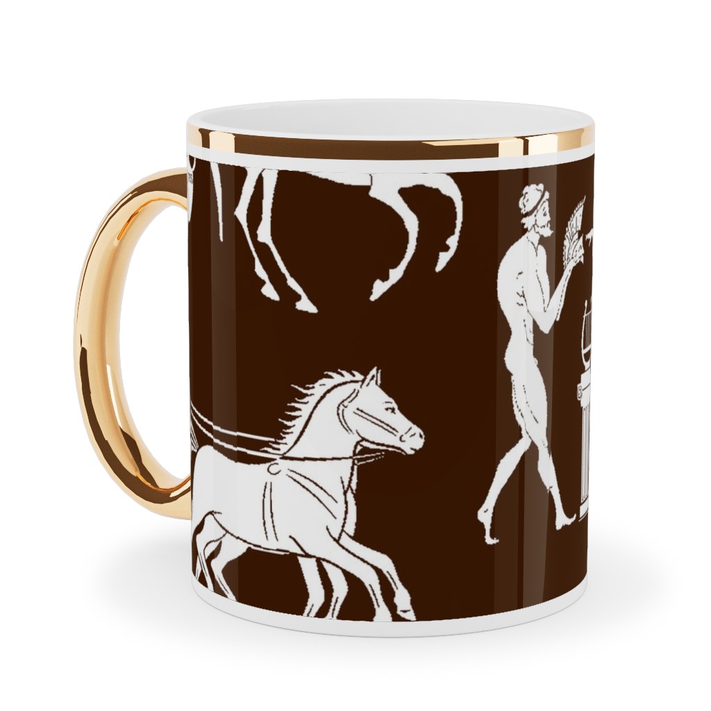Greek Figures Ceramic Mug, Gold Handle, , 11oz, Brown, Cocoa