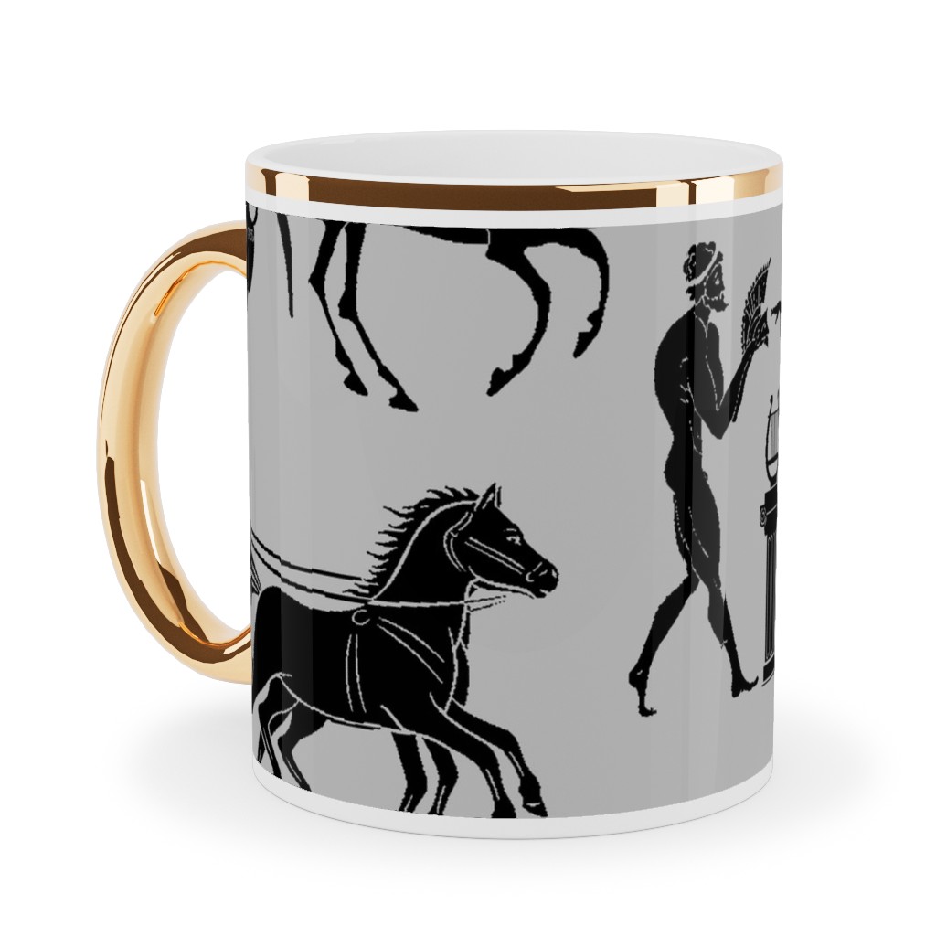 Greek Figures Ceramic Mug, Gold Handle, , 11oz, Gray, Fog