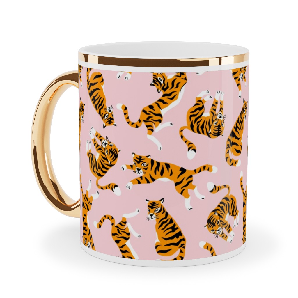 Tigers on Pink Backround Ceramic Mug, Gold Handle, , 11oz, Pink, Bright Pink