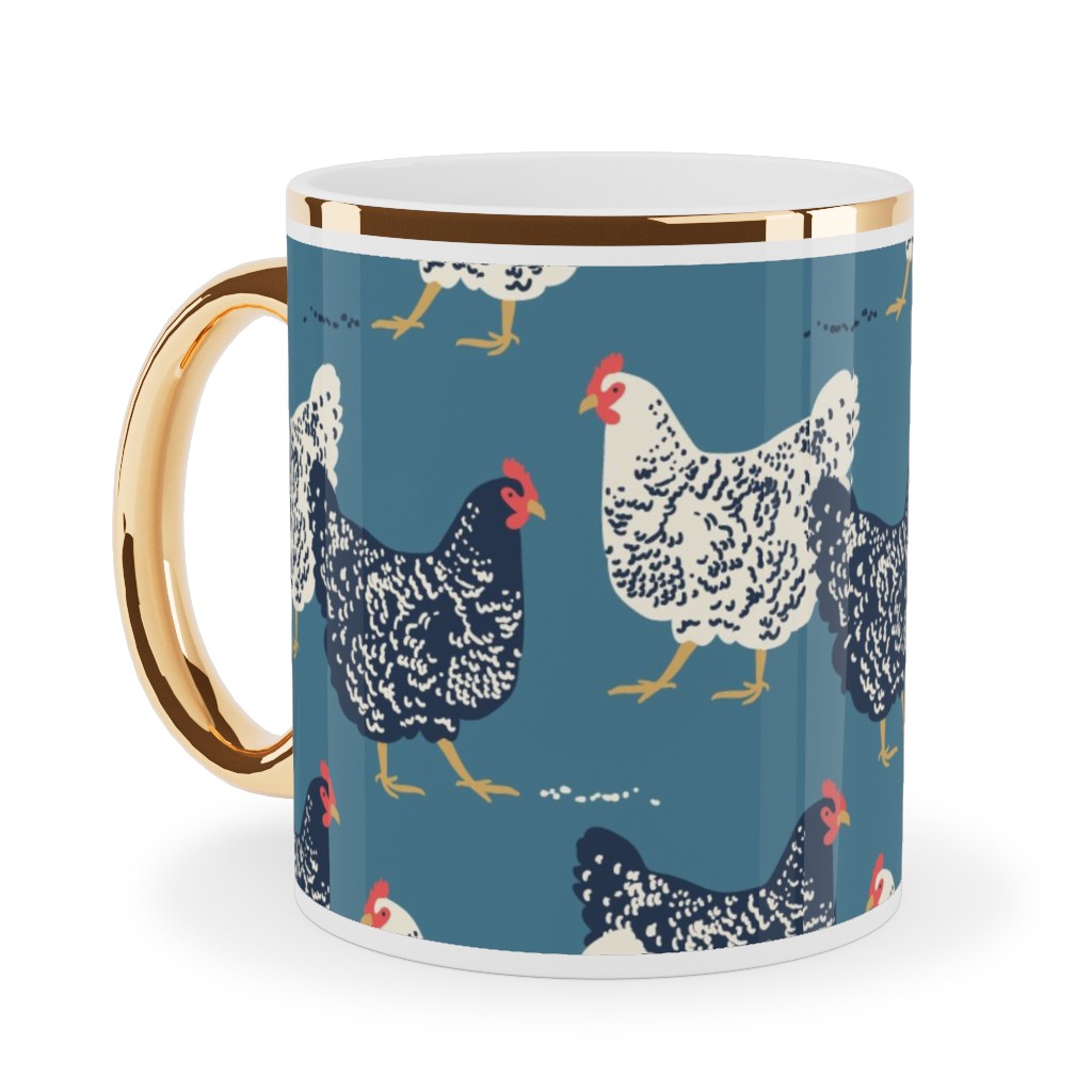 Farmhouse Chickens - Blue Ceramic Mug, Gold Handle, , 11oz, Blue, True Blue