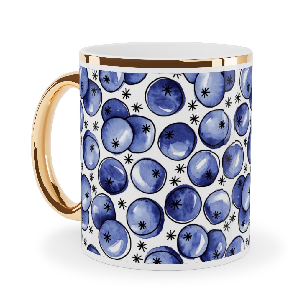 Watercolor Blueberries Ceramic Mug, Gold Handle, , 11oz, Blue, True Blue