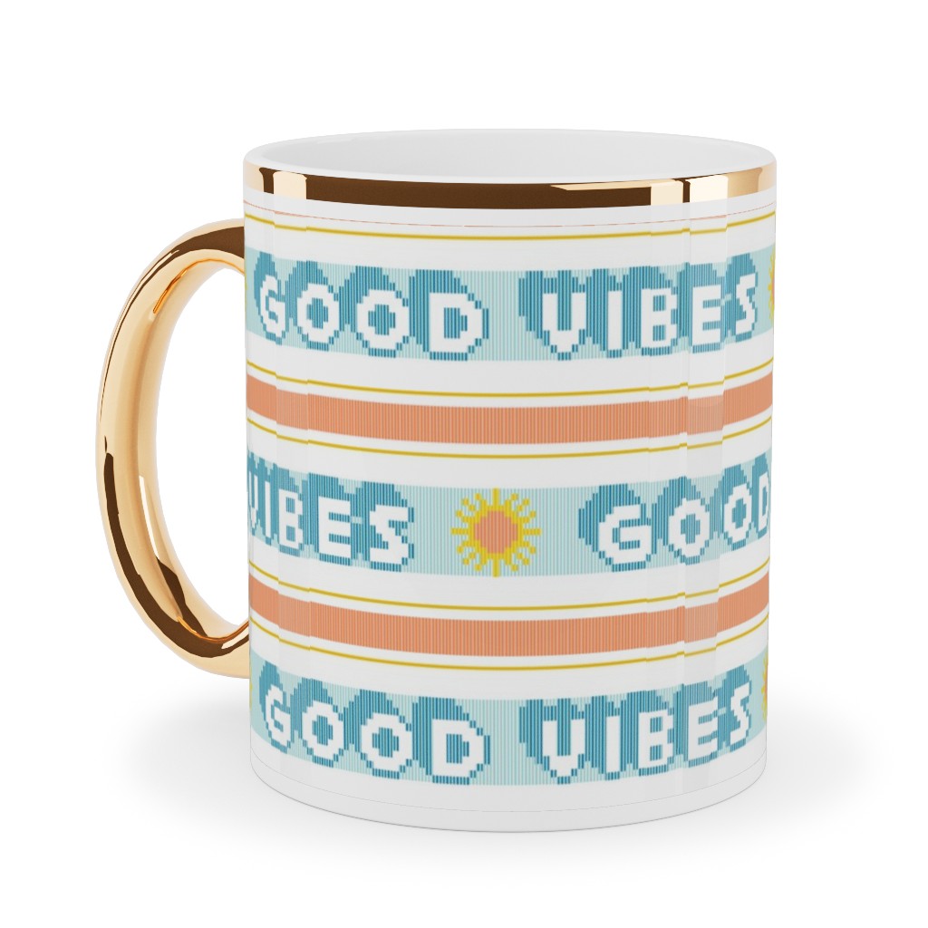 Good Vibes Vintage Typography Ceramic Mug, Gold Handle, , 11oz, Orange, Orange
