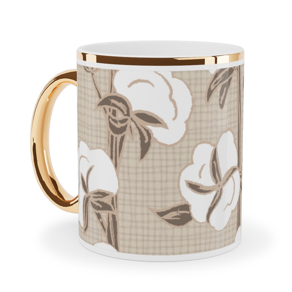 Cotton Stalk Stripe - Brown Ceramic Mug, Gold Handle,  , 11oz, Beige