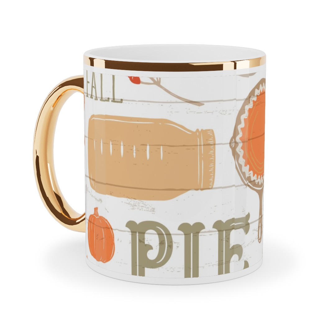 Gather Round & Give Thanks - a Fall Festival of Food, Fun, Family, Friends, and Pie! Ceramic Mug, Gold Handle, , 11oz, Orange, Orange