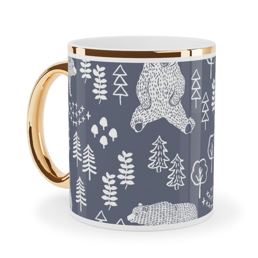 Woodland Bear Ceramic Mug, Gold Handle, , 11oz, Gray, Gray