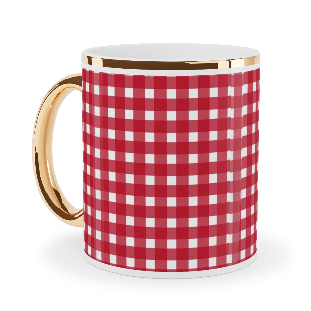 Classic Gingham - Red Ceramic Mug, Gold Handle,  , 11oz, Red