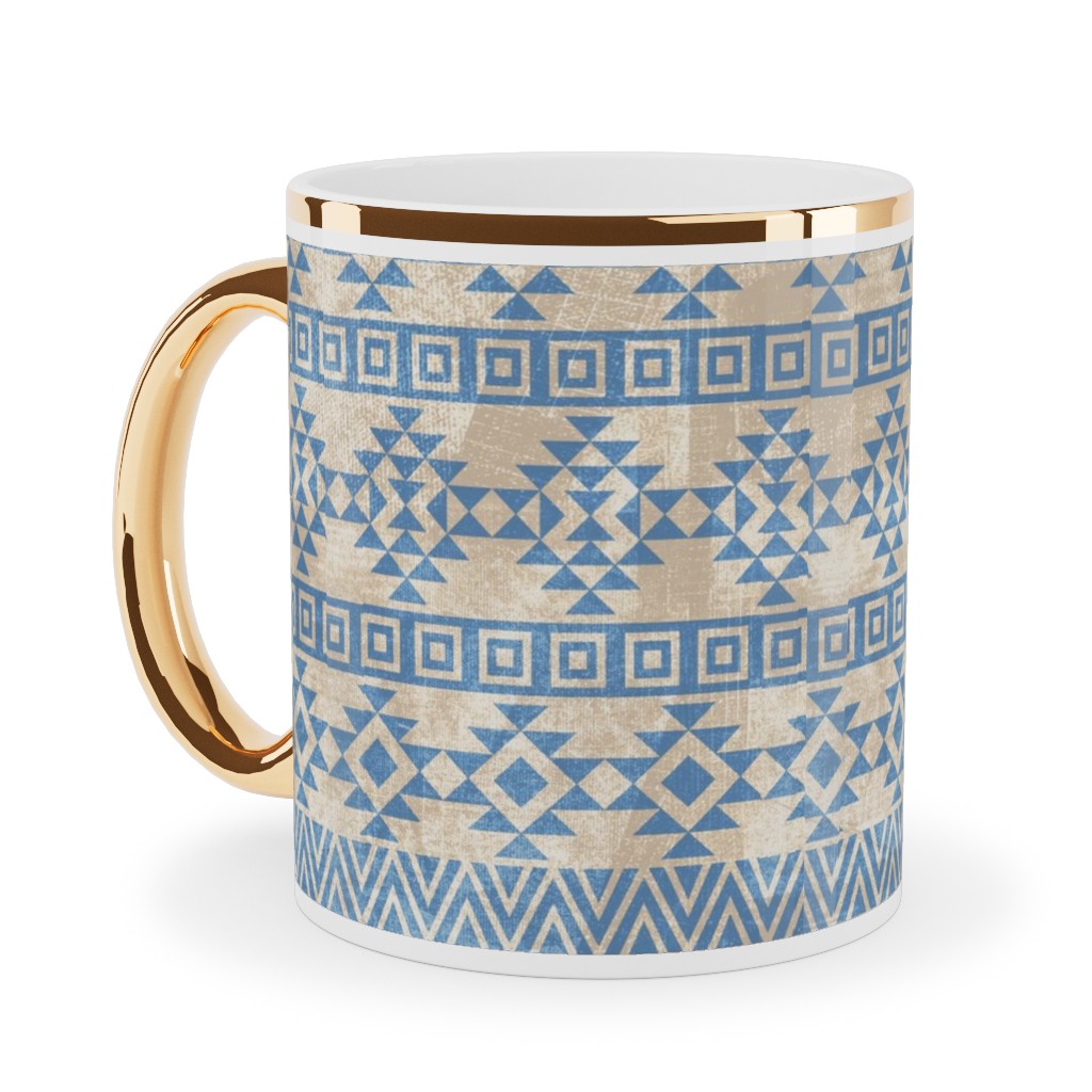 Modern Desert - Geometric Ceramic Mug, Gold Handle, , 11oz, Blue, True Blue