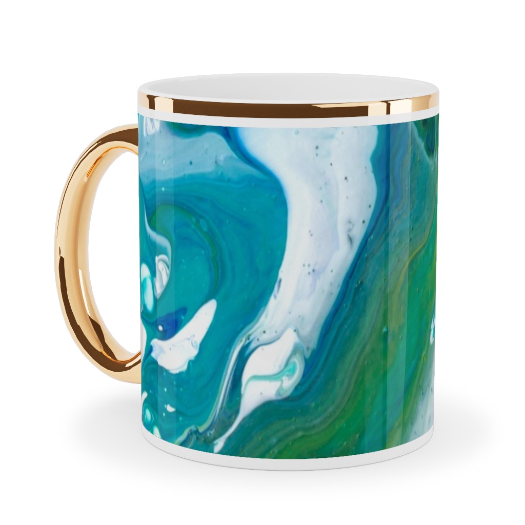 Acrylic Flow Ceramic Mug, Gold Handle,  , 11oz, Green
