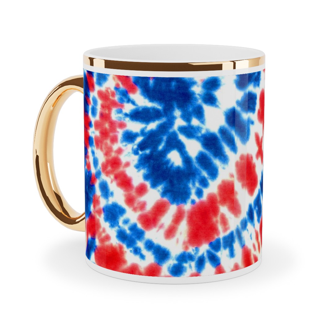 Tie Dye - Blue, Red and White Ceramic Mug, Gold Handle, , 11oz, Multicolor