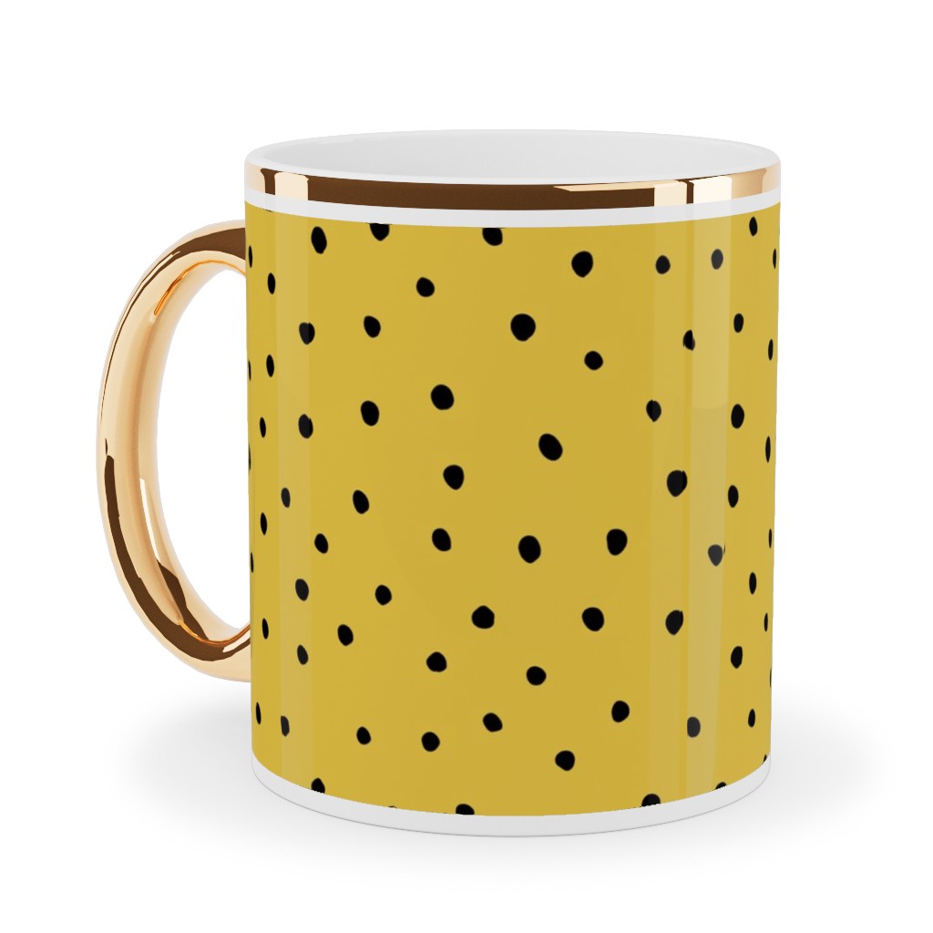 Minimal Dots - Abstract Rain Drops - Black and Yellow Ceramic Mug, Gold Handle, , 11oz, Yellow, Classic Yellow