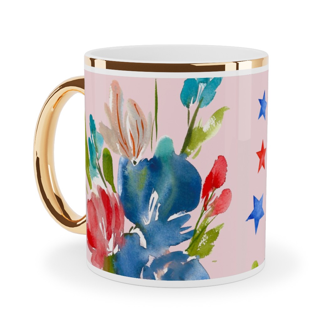 4th of July Florals - Pink Ceramic Mug, Gold Handle,  , 11oz, Pink