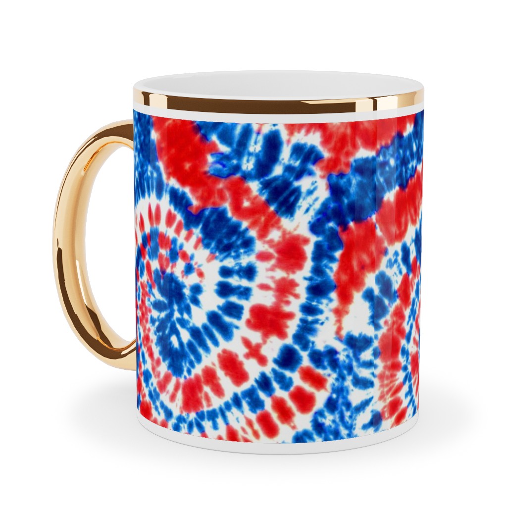 Tie Dye - Red White and Blue Ceramic Mug, Gold Handle, , 11oz, Multicolor