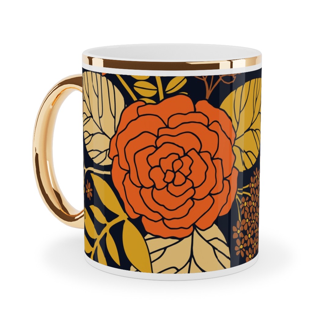 Retro Floral - Orange Brown and Yellow Ceramic Mug, Gold Handle,  , 11oz, Orange
