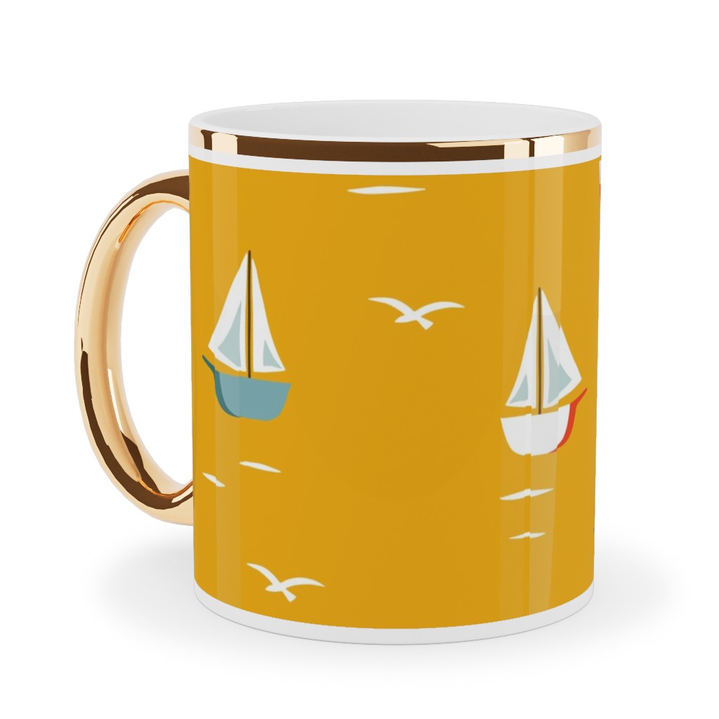 Sailboats Ceramic Mug, Gold Handle, , 11oz, Yellow, Eggyolk