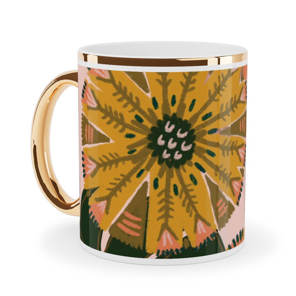 Boho Tropical - Floral - Pink Ceramic Mug, Gold Handle,  , 11oz, Multicolor