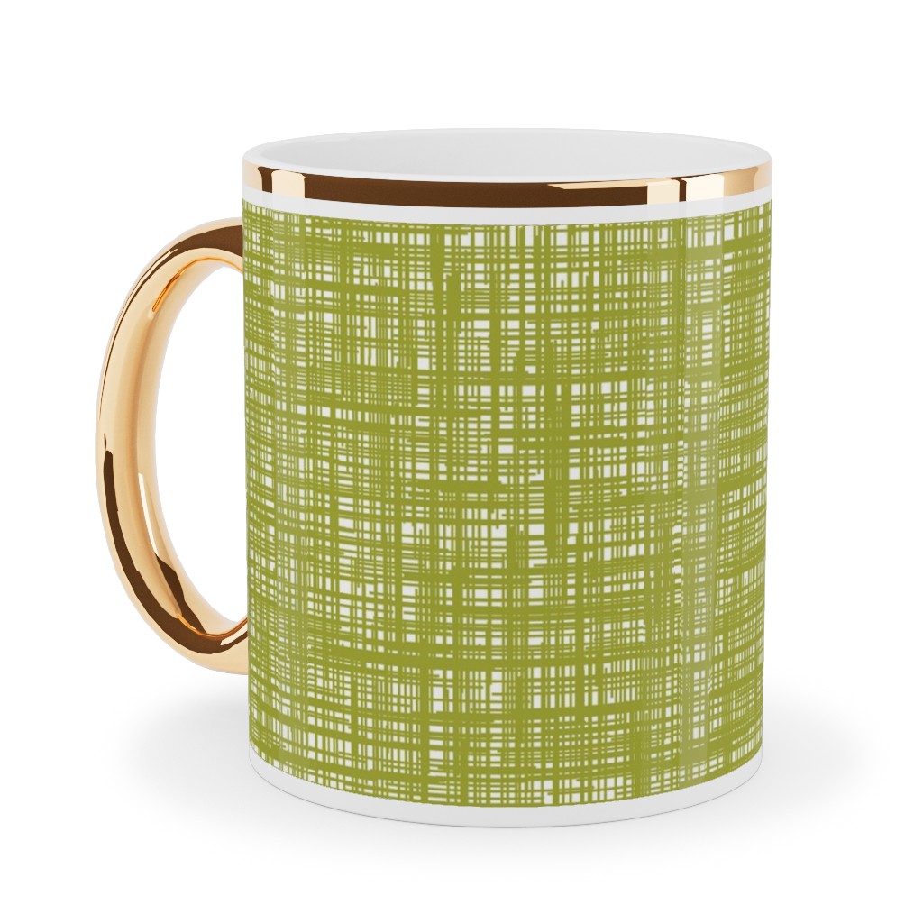 Linen Hatch Texture - Green Ceramic Mug, Gold Handle, , 11oz, Green, Classic Green