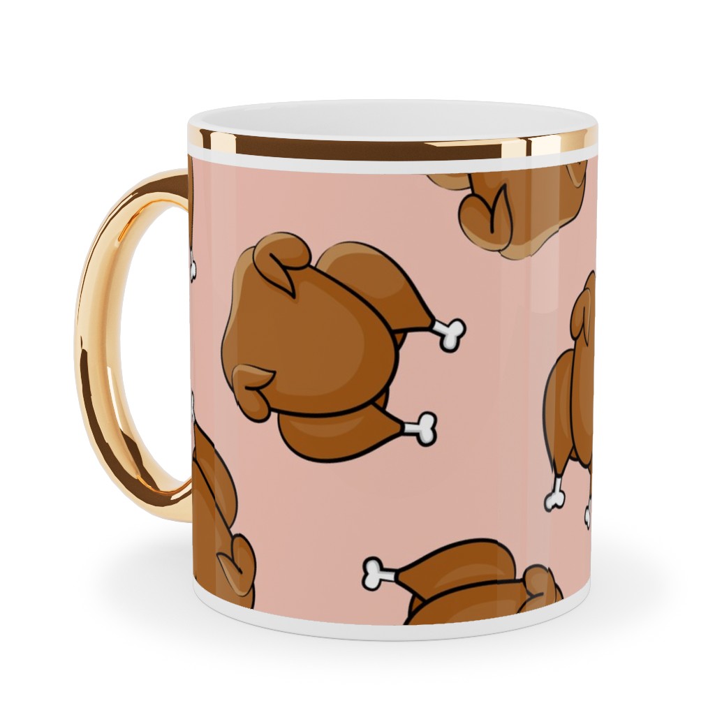 Thanksgiving Day Turkey Toss Ceramic Mug, Gold Handle, , 11oz, Pink, Beige