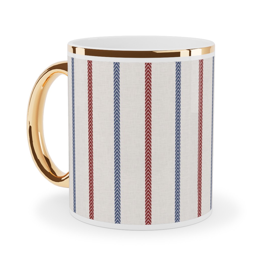 Baseball Ball Stitch Ticking Stripe on Soft Gray Ceramic Mug, Gold Handle, , 11oz, Beige, Pearl