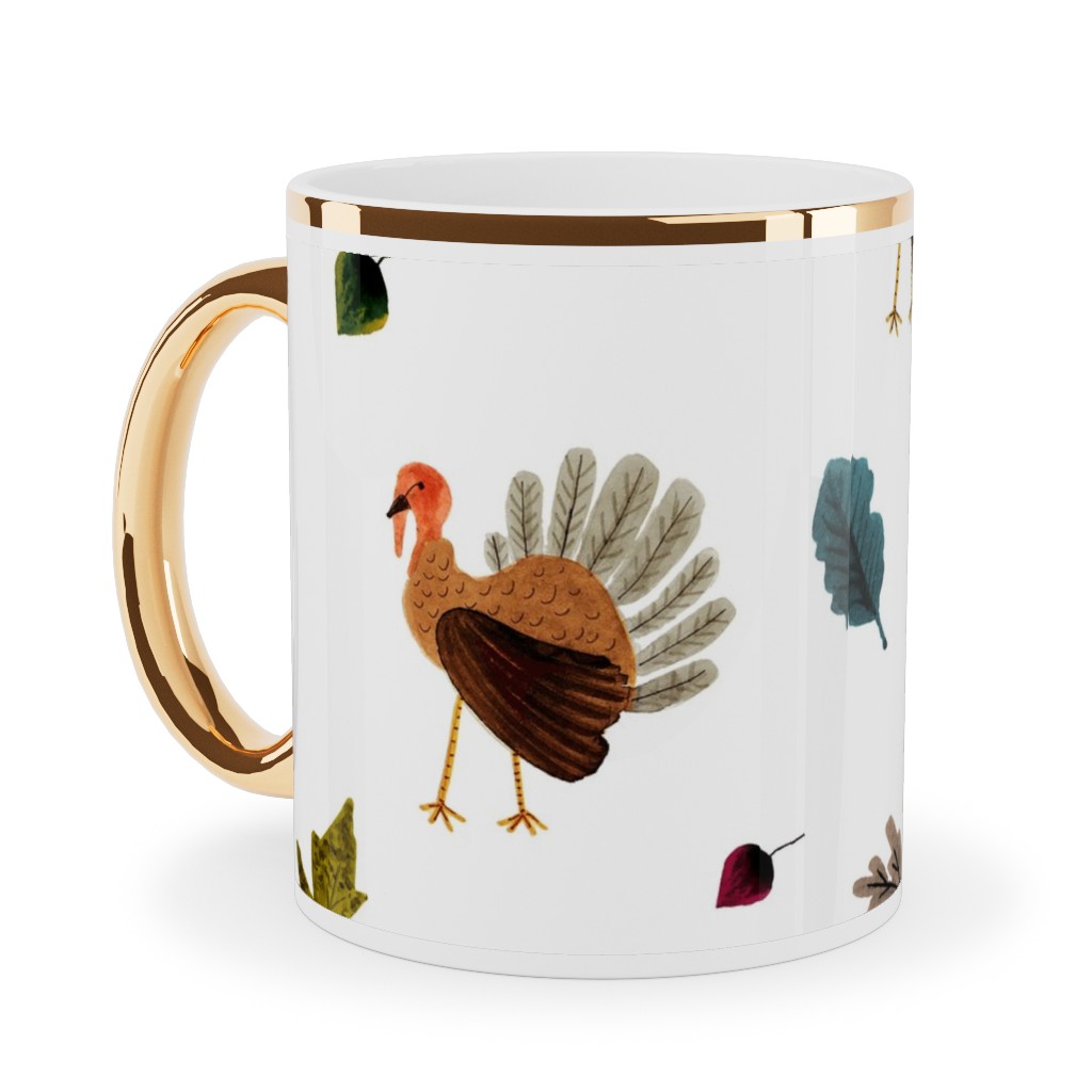 Fall Thanksgiving Turkeys on White Ceramic Mug, Gold Handle, , 11oz, White, White