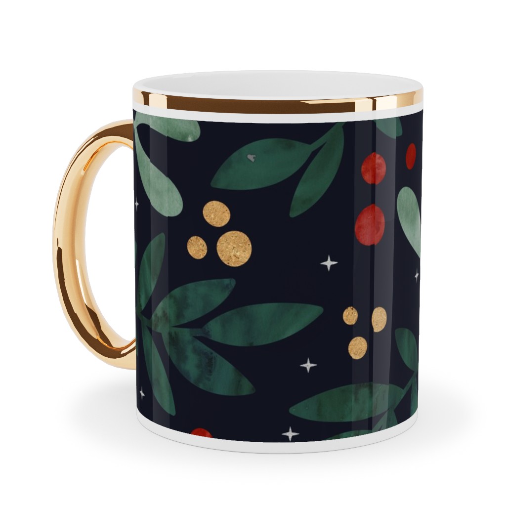 Christmas Berries - Dark Ceramic Mug, Gold Handle, , 11oz, Green, Classic Green