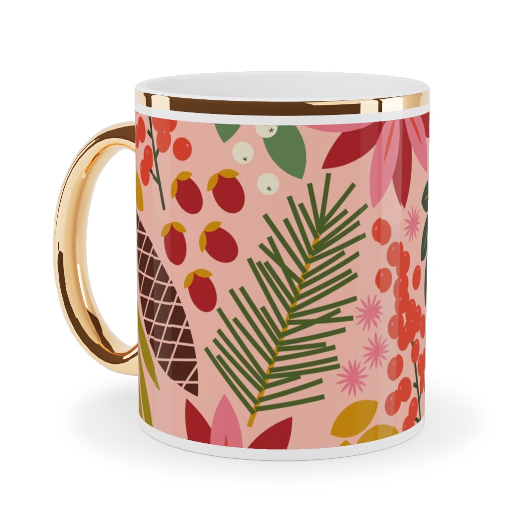 Pinecones and Berries - Pink Ceramic Mug, Gold Handle,  , 11oz, Pink