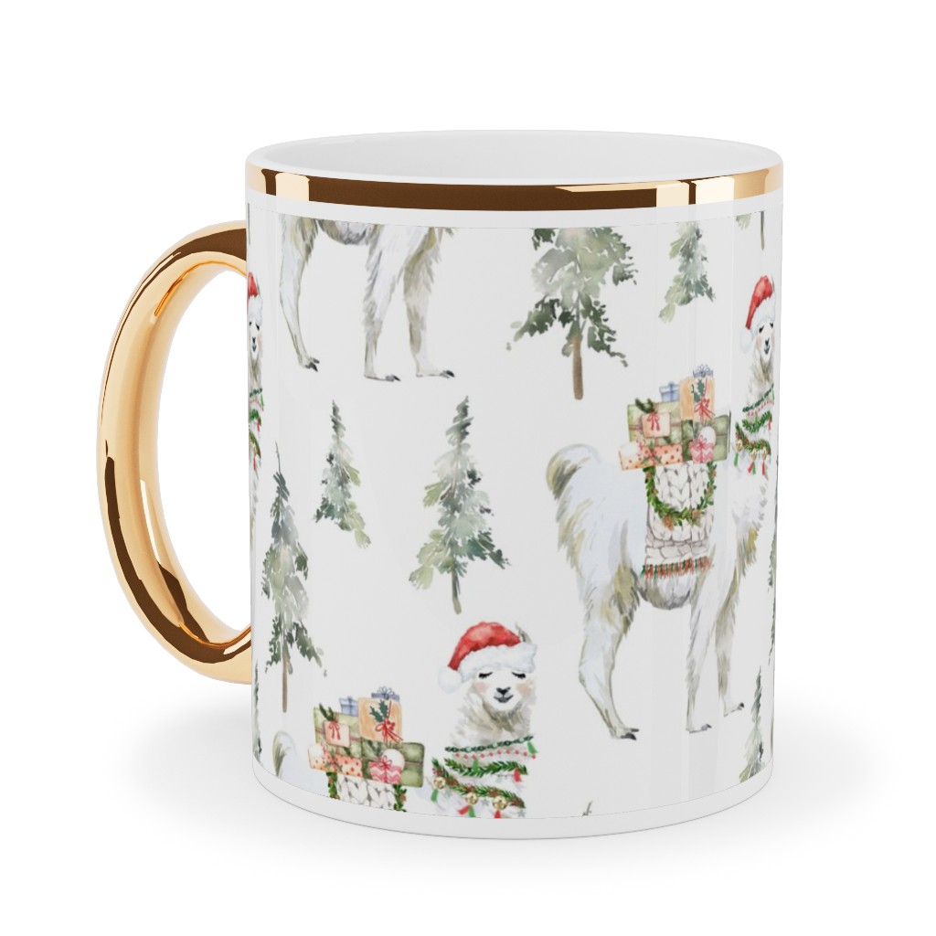 Winter Christmas Llama Ceramic Mug, Gold Handle, , 11oz, Multicolor