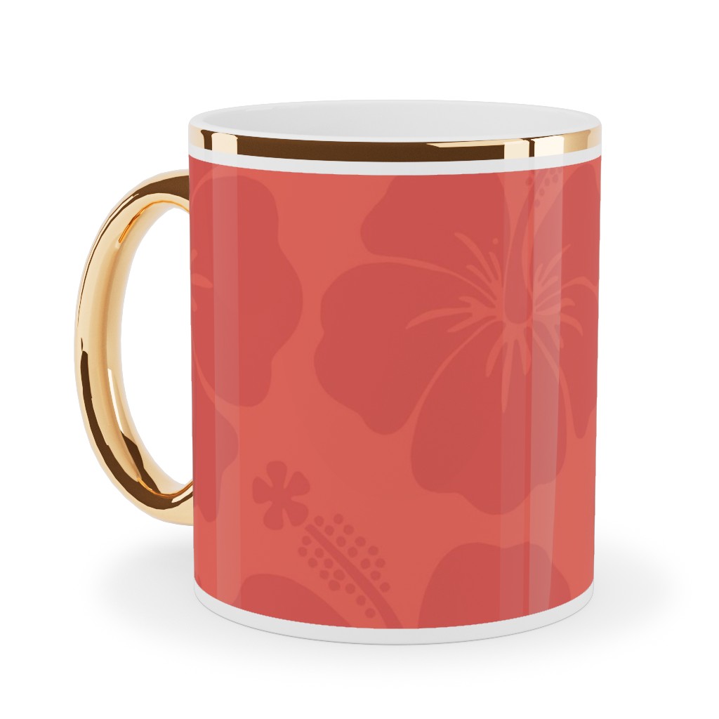 Hibiscus Florals - Coral and Red Ceramic Mug, Gold Handle,  , 11oz, Pink