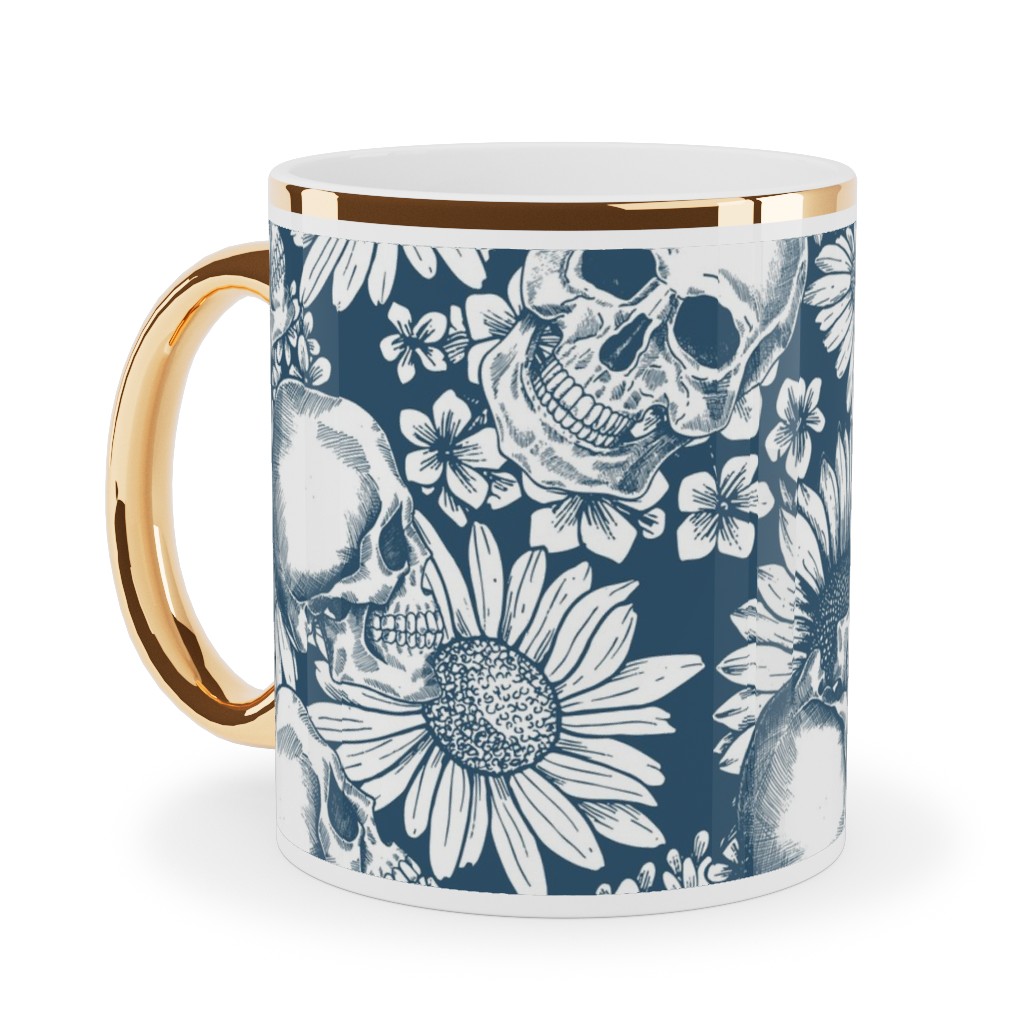 Floral Skull - Blue Ceramic Mug, Gold Handle,  , 11oz, Blue