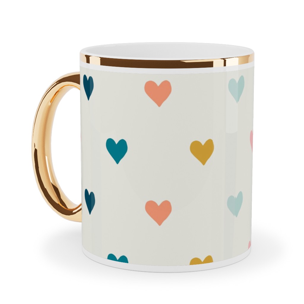 Hearts - Multi Blue, Pink, Gold Ceramic Mug, Gold Handle, , 11oz, Multicolor