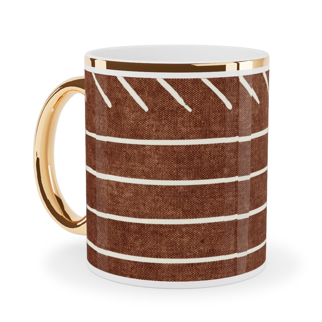 Arrow Stripes Mud Cloth Modern Ceramic Mug, Gold Handle,  , 11oz, Brown
