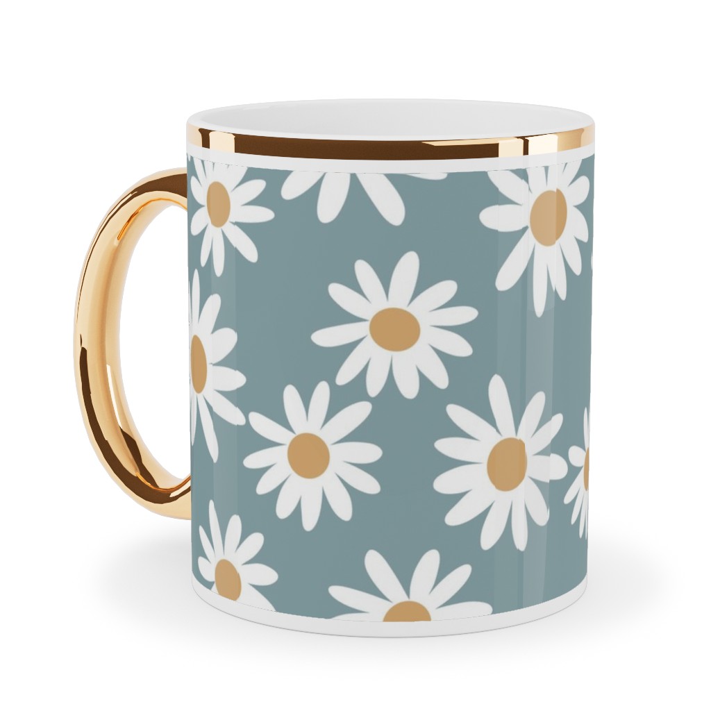 Daisies Ceramic Mug, Gold Handle, , 11oz, Blue, Cool Gray