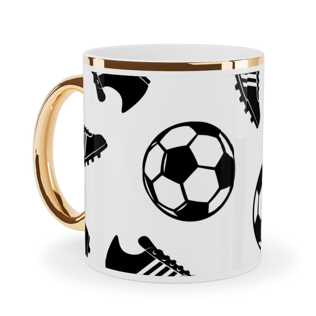 Soccer Balls and Cleats Ceramic Mug, Gold Handle, , 11oz, White, White