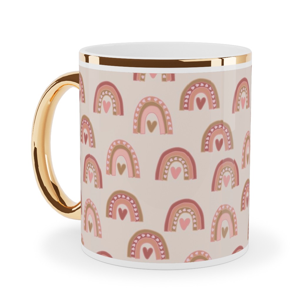 Hearts and Rainbows - Pink Ceramic Mug, Gold Handle, , 11oz, Pink, Bright Pink