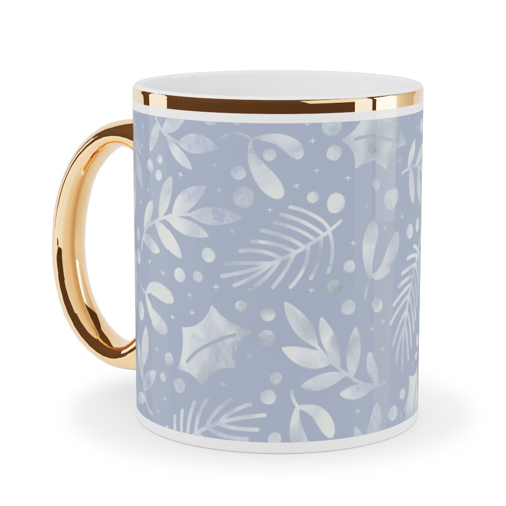 Frozen Winter Florals - Silver Ceramic Mug, Gold Handle,  , 11oz, Blue