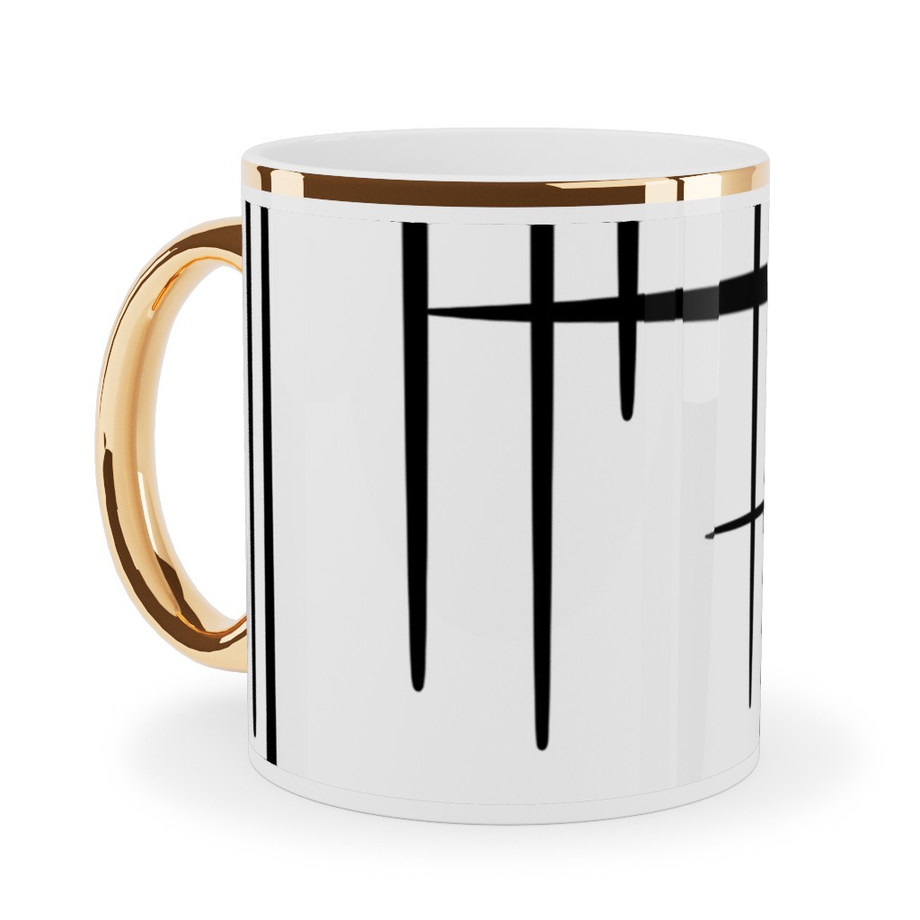 Abstract Line Pattern Ceramic Mug, Gold Handle, , 11oz, White, White